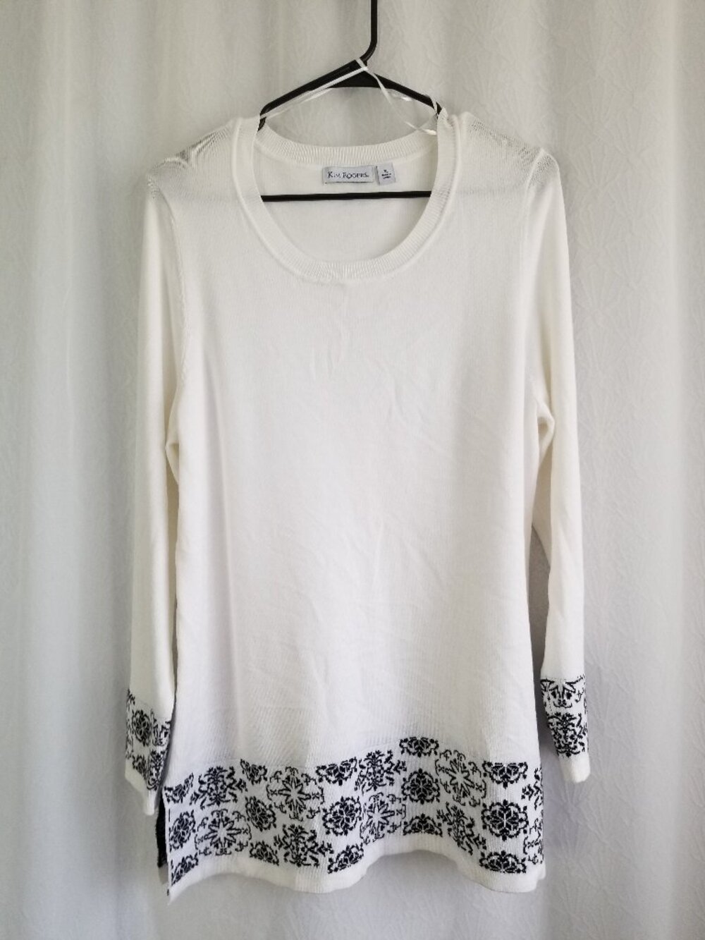 Kim Rogers Tunic Sweater Black White Geometric Hem XL